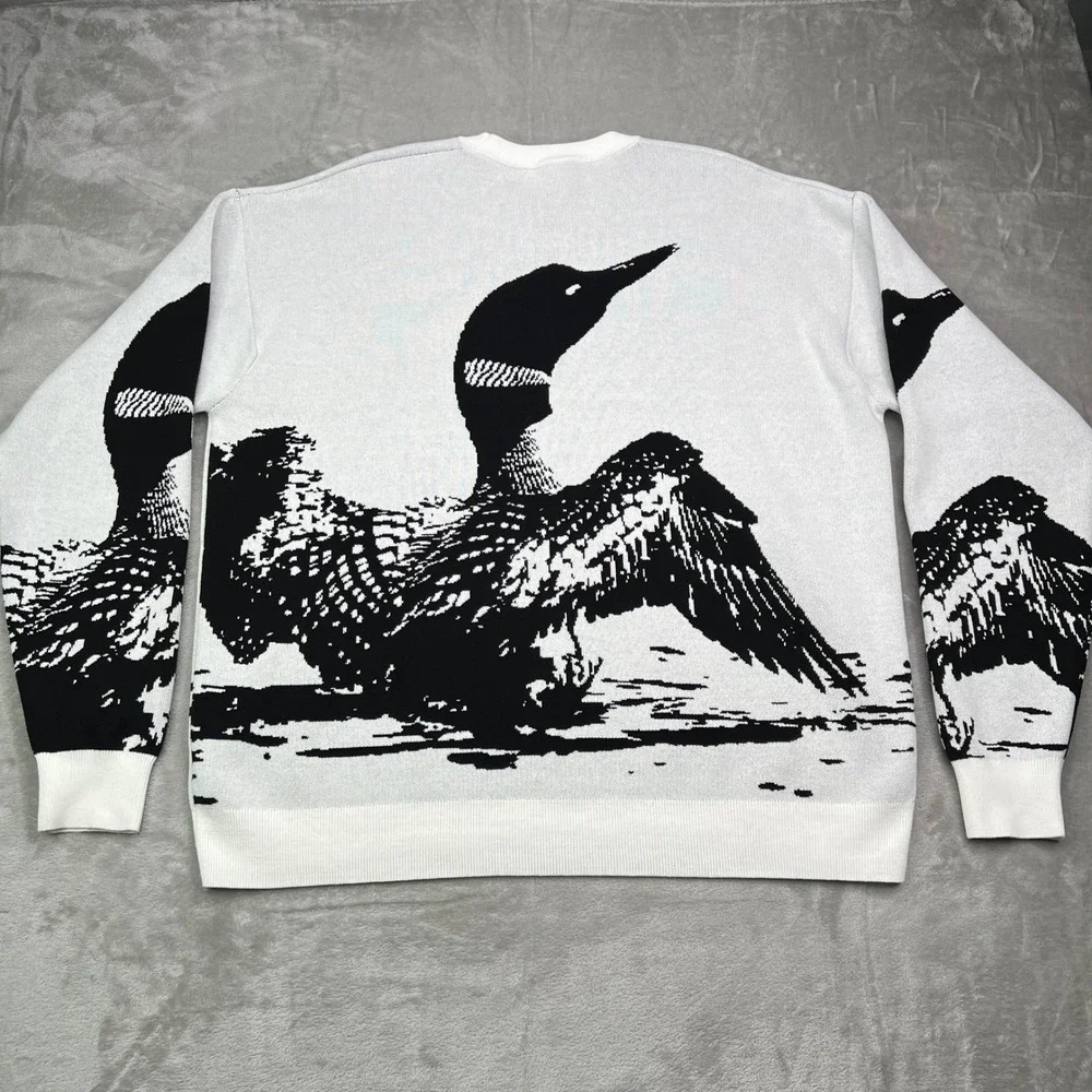 Waggle Loon Call Wildknit Crewneck‎ Sweater Mens XL White Black Bird Graphic - Picture 5 of 11